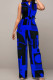 Blue Casual Elegant Print Patchwork Buckle Mandarin Collar Straight Jumpsuits