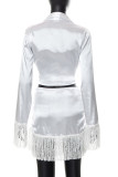 White Fashion Casual Solid Tassel Patchwork Turndown Collar Long Sleeve Two Pieces