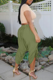 Army Green Casual Solid Patchwork Draw String Fold Asymmetrical High Waist Solid Color Bottoms
