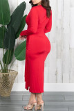 Red Fashion Casual Solid Patchwork V Neck Long Sleeve Dresses