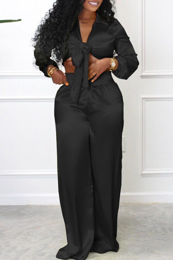 Black Sexy Solid Patchwork Knotted Turndown Collar Long Sleeve Two Pieces