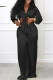 Black Sexy Solid Patchwork Knotted Turndown Collar Long Sleeve Two Pieces