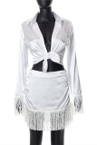 White Fashion Casual Solid Tassel Patchwork Turndown Collar Long Sleeve Two Pieces