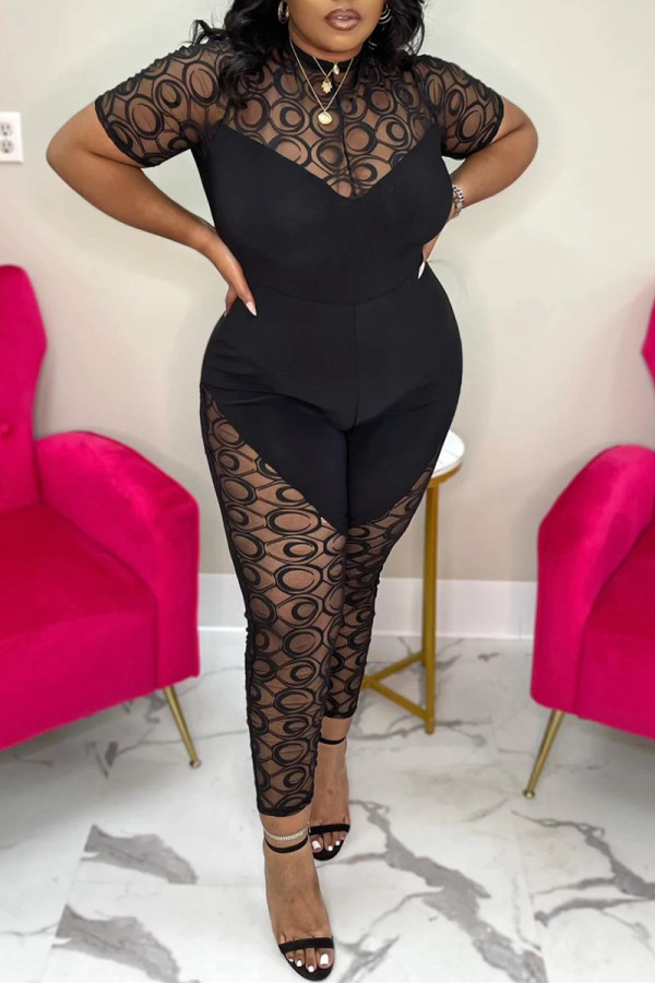 Black Fashion Sexy Casual Patchwork See-through O Neck Skinny Jumpsuits