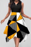 Red Casual Print Patchwork Buckle Turndown Collar Irregular Dress Dresses