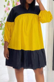 Black Yellow Fashion Casual Solid Patchwork Contrast V Neck Long Sleeve Dresses