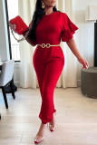 Red Casual Solid Patchwork Flounce O Neck Regular Jumpsuits