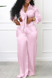 Pink Sexy Solid Patchwork Knotted Turndown Collar Long Sleeve Two Pieces