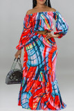 Red Casual Print Patchwork Off the Shoulder Long Sleeve Two Pieces