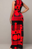 Red Casual Elegant Print Patchwork Buckle Mandarin Collar Straight Jumpsuits