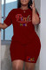 Burgundy Fashion Casual Letter Hot Drilling Patchwork O Neck Short Sleeve Plus Size Two Pieces