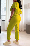 Red Casual Solid Patchwork Flounce O Neck Regular Jumpsuits