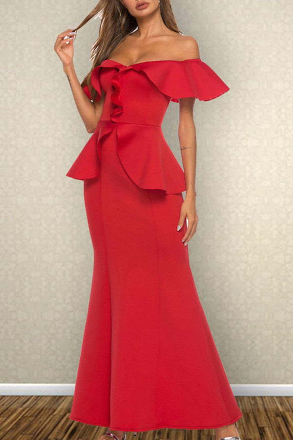 Red Sexy Solid Flounce Fold Zipper O Neck Trumpet Mermaid Dresses
