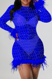 Rose Red Fashion Sexy Patchwork See-through O Neck Long Sleeve Dresses