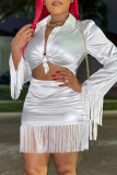 White Fashion Casual Solid Tassel Patchwork Turndown Collar Long Sleeve Two Pieces