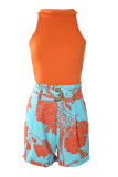 Orange Casual Print With Belt O Neck Sleeveless Two Pieces
