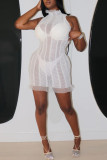White Fashion Sexy Solid Patchwork See-through Turtleneck Sleeveless Dress
