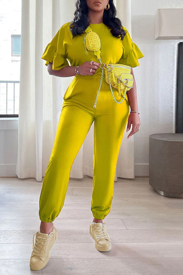 Yellow Casual Solid Patchwork Flounce O Neck Regular Jumpsuits