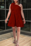 Red Sexy Casual Solid Bandage Backless Oblique Collar Sleeveless Dress