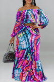 Red Casual Print Patchwork Off the Shoulder Long Sleeve Two Pieces