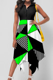 Red Casual Print Patchwork Buckle Turndown Collar Irregular Dress Dresses