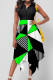 Green Casual Print Patchwork Buckle Turndown Collar Irregular Dress Dresses