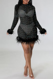 Rose Red Fashion Sexy Patchwork See-through O Neck Long Sleeve Dresses