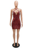 Red Fashion Sexy Patchwork Sequins Backless Cross Straps Spaghetti Strap Sleeveless Dress