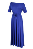 Blue Fashion Casual Solid Patchwork Slit Off the Shoulder Short Sleeve Dress