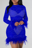 Rose Red Fashion Sexy Patchwork See-through O Neck Long Sleeve Dresses