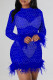 Blue Fashion Sexy Patchwork See-through O Neck Long Sleeve Dresses