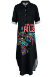 Turquoise Casual Print Patchwork Buckle Turndown Collar Shirt Dress Dresses