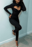 Black Fashion Sexy Solid Hollowed Out Half A Turtleneck Long Sleeve Two Pieces