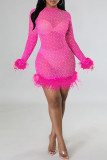 Rose Red Fashion Sexy Patchwork See-through O Neck Long Sleeve Dresses