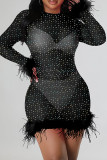 Rose Red Fashion Sexy Patchwork See-through O Neck Long Sleeve Dresses
