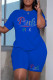 Blue Fashion Casual Letter Hot Drilling Patchwork O Neck Short Sleeve Plus Size Two Pieces