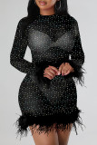 Rose Red Fashion Sexy Patchwork See-through O Neck Long Sleeve Dresses