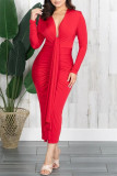 Red Fashion Casual Solid Patchwork V Neck Long Sleeve Dresses
