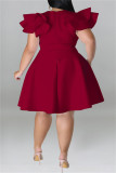 Burgundy Fashion Casual Solid Patchwork O Neck Short Sleeve Dress Plus Size Dresses