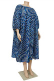 Blue Fashion Casual Plus Size Print Patchwork O Neck Short Sleeve Dress