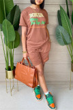 Green Fashion Casual Letter Print Basic O Neck Short Sleeve Two Pieces