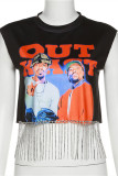 Black Fashion Casual Print Tassel Patchwork O Neck T-Shirts