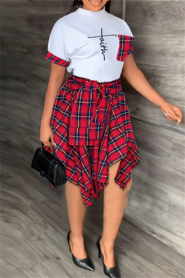 Red Fashion Casual Print Patchwork Asymmetrical O Neck Short Sleeve Two Pieces
