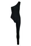 Blue Sexy Solid Patchwork Asymmetrical Oblique Collar Skinny Jumpsuits