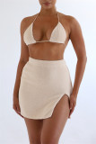 Light Apricot Fashion Sexy Solid Patchwork Slit V Neck Short Sleeve Three-piece Set
