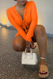 Orange Sexy Casual Solid Bandage V Neck Long Sleeve Two Pieces