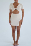Light Apricot Fashion Sexy Solid Patchwork Slit V Neck Short Sleeve Three-piece Set