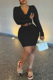 Orange Sexy Casual Solid Bandage V Neck Long Sleeve Two Pieces