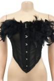 Yellow Fashion Sexy Patchwork See-through Feathers Backless Strapless Sleeveless Two Pieces
