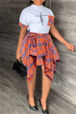 Pink Fashion Casual Print Patchwork Asymmetrical O Neck Short Sleeve Two Pieces